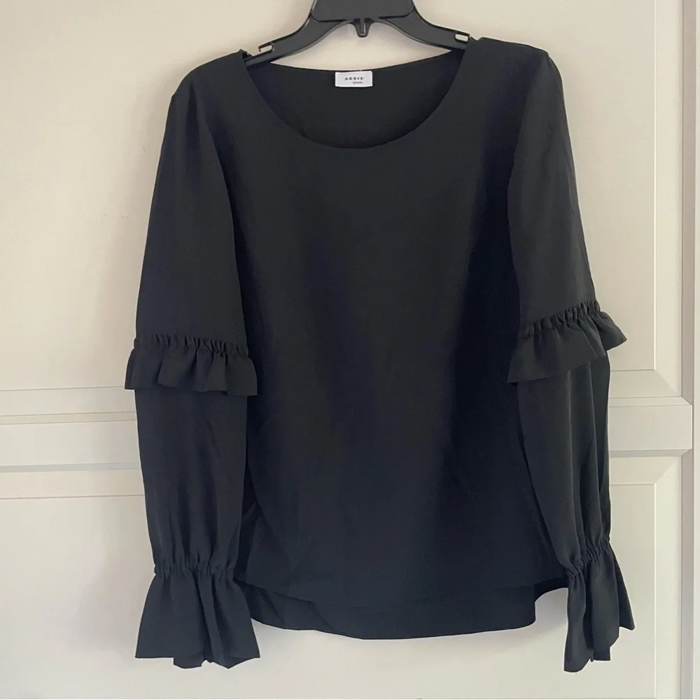 AKRIS Punto Silk Ruffle Sleeve Black long sleeve Top Size 8 37936